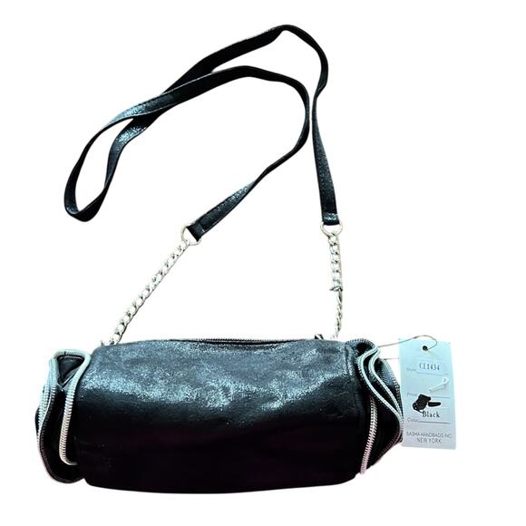 Sasha Shiny Black Barrel Purse with Zipper Flowers Clubwear Festival Boho Hippie - Picture 2 of 7